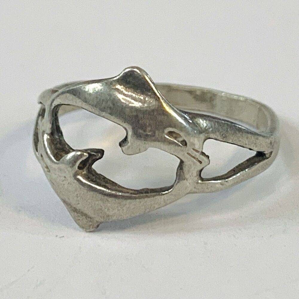 Vtg Ring Marked Mexico 974 ? STERLING SILVER Size 5.75 Two Dolphins
